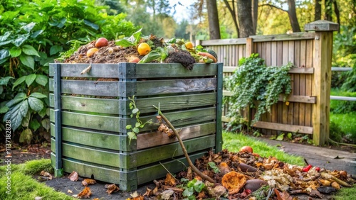 A close-up photo of a compost bin in a backyard garden, compost, bin, eco-friendly, organic, waste, recycling