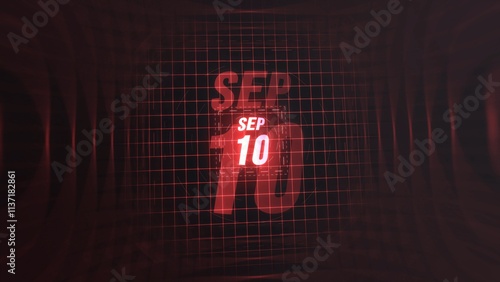 10 September. Calendar with number and month in neon red with grid background. 4k.  photo