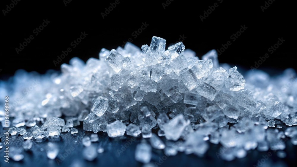 A close-up shot of sodium sulfate crystals on a dark background , chemical compound, white powder A close-up shot of sodium sulfate crystals on a dark background , chemical compound, white powder
