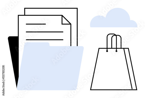 Folder containing papers, a shopping bag, and a cloud icon. Ideal for office organization, online shopping, cloud storage, business, productivity digitalization and e-commerce. Line metaphor