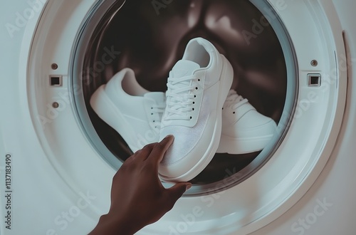 White Sneakers Being Removed From Washing Machine photo