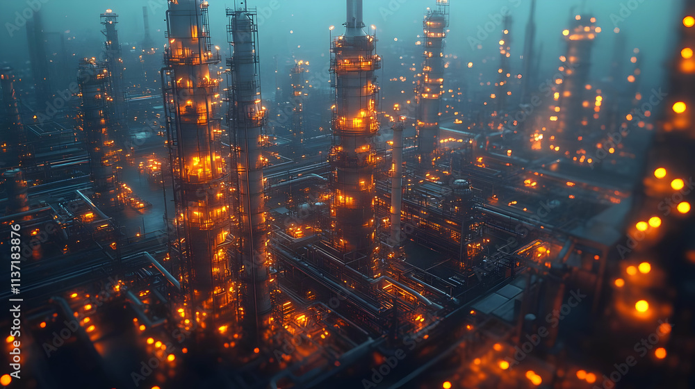 Obraz premium Industrial Complex at Night - 3D Illustration