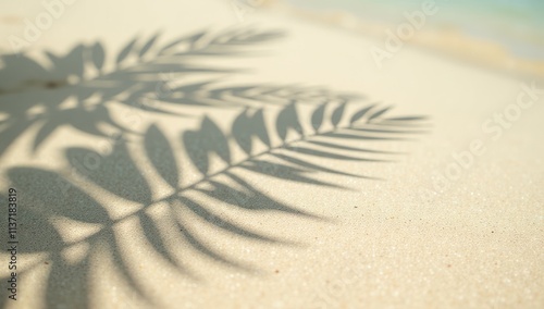 Palm Leaf Shadows on Sand. Serene Tropical Beach Scene. Ideal for travel promotions, wellness branding, or natural themed business marketing. photo