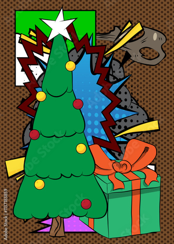 Cartoon Gift Box and Christmas decorated pine tree, comic book Celebration Retro vector comics pop art design.