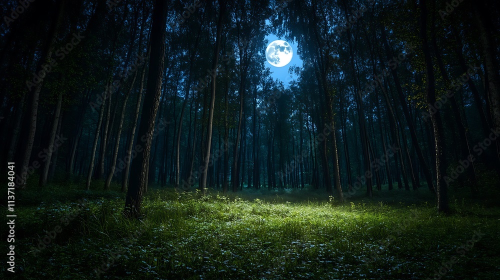 Fototapeta premium Full Moon Illuminates A Nighttime Forest Scene