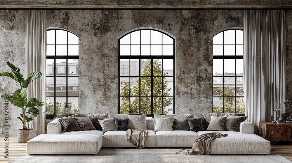 Obraz premium Industrial Chic Living Room: A modern sectional sofa graces a spacious loft apartment, bathed in natural light streaming through expansive arched windows overlooking a cityscape.
