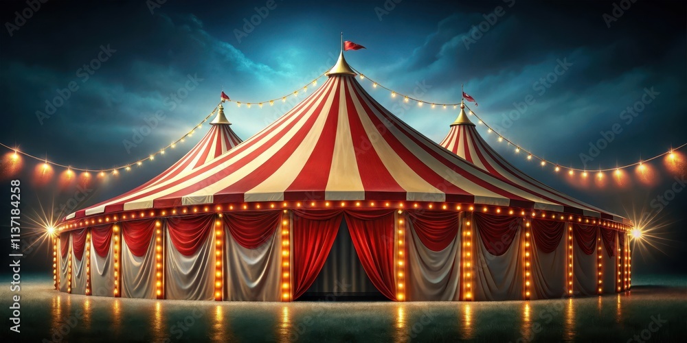 Circus tent with red and yellow stripes illuminated with lights , circus, stage, performance, entertainment, circus tent Circus tent with red and yellow stripes illuminated with lights , circus, stage, performance, entertainment, circus tent