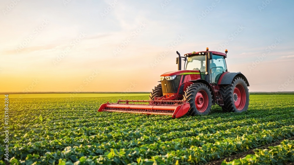 Red Tractor Working on Lush Green Field Under Bright Evening Sky at Sunset in Agriculture Farming Landscape Red Tractor Working on Lush Green Field Under Bright Evening Sky at Sunset in Agriculture Farming Landscape