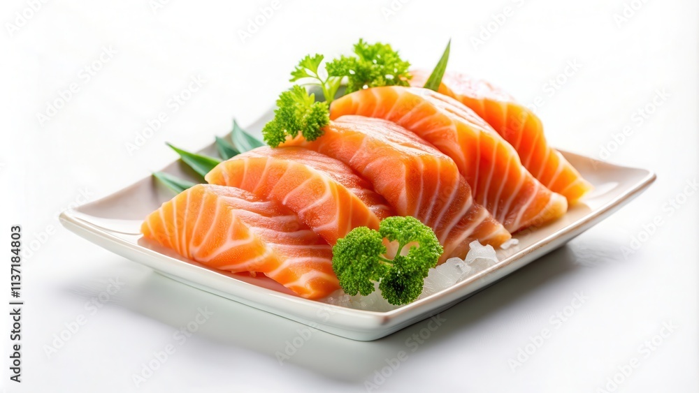Fresh salmon sashimi on white background, salmon, sashimi, raw fish, Japanese cuisine, seafood, omega-3, healthy food Fresh salmon sashimi on white background, salmon, sashimi, raw fish, Japanese cuisine, seafood, omega-3, healthy food