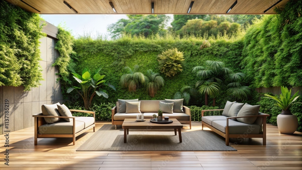 Tranquil outdoor patio with minimalist furniture surrounded by lush greenery, outdoor, patio, tranquil, minimalist, furniture Tranquil outdoor patio with minimalist furniture surrounded by lush greenery, outdoor, patio, tranquil, minimalist, furniture