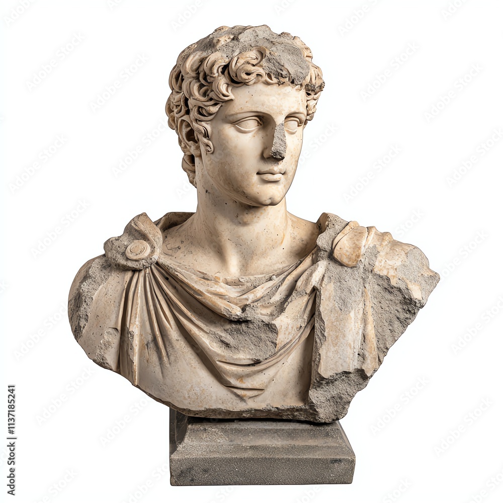 Obraz premium A classical marble bust depicting a young man with curly hair, dressed in a draped garment, showcasing ancient sculpture artistry.