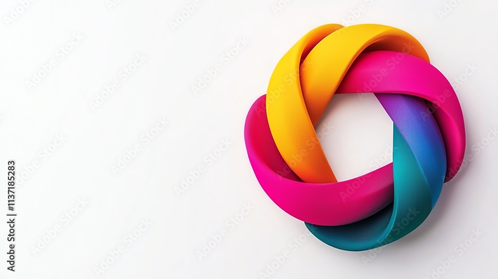 A vibrant, intertwined knot featuring yellow, pink, and blue colors, set against a clean white background, symbolizing unity and creativity. A vibrant, intertwined knot featuring yellow, pink, and blue colors, set against a clean white background, symbolizing unity and creativity.