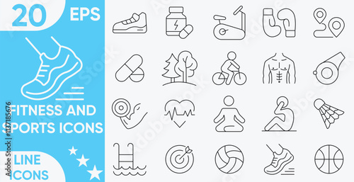 Set of sports and fitness line icons set.Sports Editable line Icon, vector set.wellbeing, mental health, healthcare, sport related icons.Vector and illustrator set.