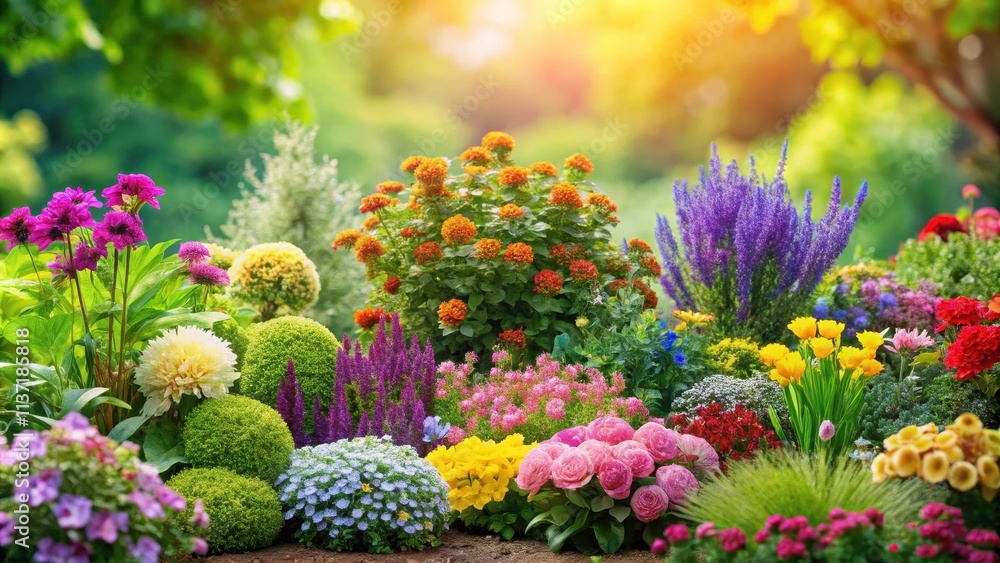 Various plants and shrubs with colorful flowers on a background, Spring, garden, nature, botanical, foliage, blooming, vibrant Various plants and shrubs with colorful flowers on a background, Spring, garden, nature, botanical, foliage, blooming, vibrant