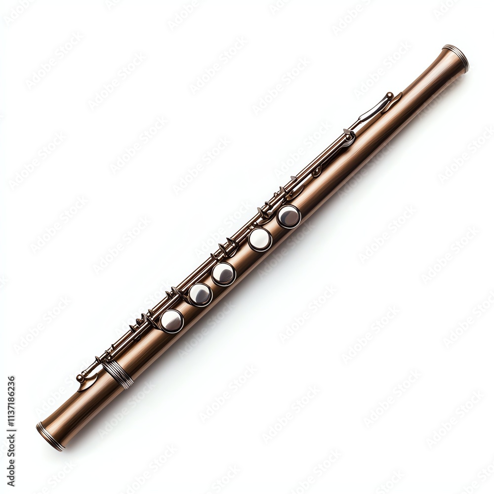 Naklejka premium A sleek, bronze flute laid horizontally, showcasing its intricate keys and polished finish.