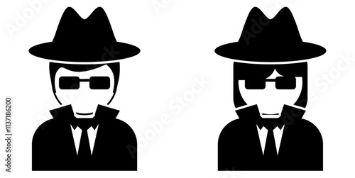 person in Trench Coat and Hat, spy agent or detective, criminal hacker icon profile in two gender for job profession vector	