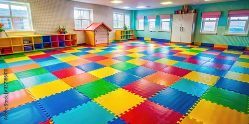 Colorful floor tiles in a vibrant playroom , playroom, colorful, vibrant, floor tiles, fun, patterns, bright © Jotch