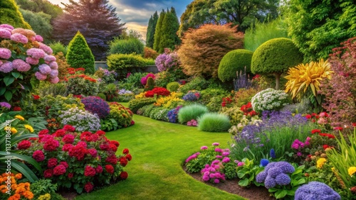 Wallpaper Mural Small garden featuring colorful flowers and lush shrubs on a background, garden, flowers, shrubs, small, colorful, vibrant Torontodigital.ca