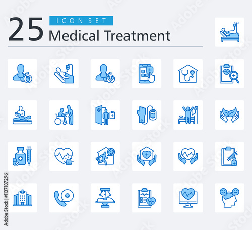 MEDICAL TREATMENT ICON PACK BLUE STYLE with cardiologist, chemotherapy, urologist, medical app, home health care, medical diagnosis, physical therapy, patient comfort  and therapy recovery 