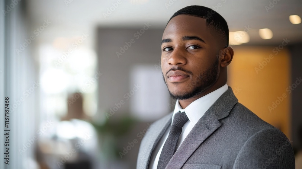 Confident young African-American man in a gray suit and tie standing in a modern office space Confident young African-American man in a gray suit and tie standing in a modern office space