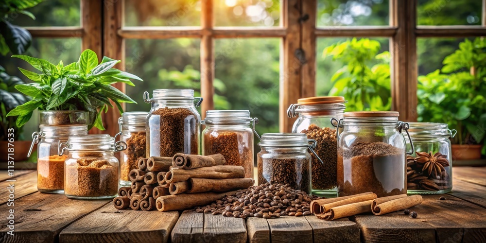 Glass jars filled with brown spice and coffee on wooden surface with greenery outside window, spice, coffee Glass jars filled with brown spice and coffee on wooden surface with greenery outside window, spice, coffee