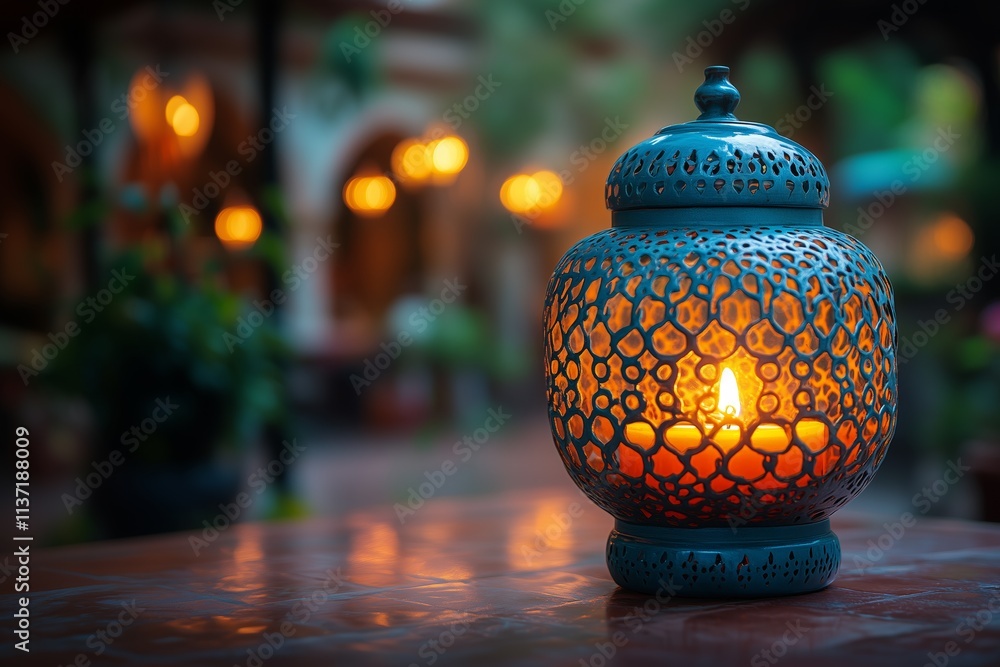 Islamic Ramadan lantern with a burning candle inside, creating a warm, golden light against the dark background Islamic Ramadan lantern with a burning candle inside, creating a warm, golden light against the dark background