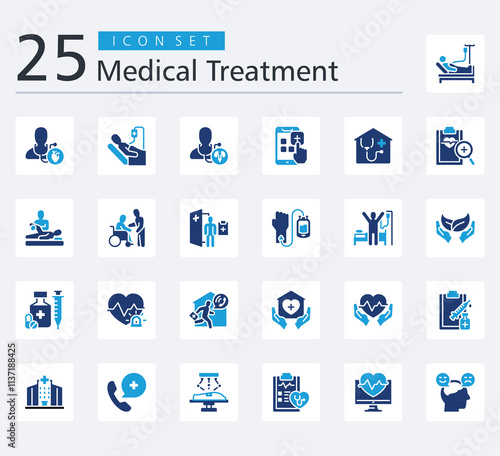 MEDICAL TREATMENT ICON PACK COLOR FILL STYLE with cardiologist, chemotherapy, urologist, medical app, home health care, medical diagnosis, physical therapy, patient comfort  and therapy recovery 
