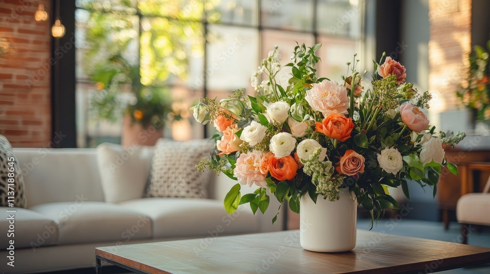 Elegant Peach and White Flower Arrangement in a Modern Living Room Elegant Peach and White Flower Arrangement in a Modern Living Room