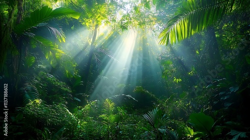 Sunbeams Illuminate Lush Tropical Rainforest Canopy