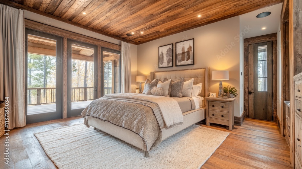 Luxurious bedroom with wood accents, large windows, and cozy decor. Luxurious bedroom with wood accents, large windows, and cozy decor.