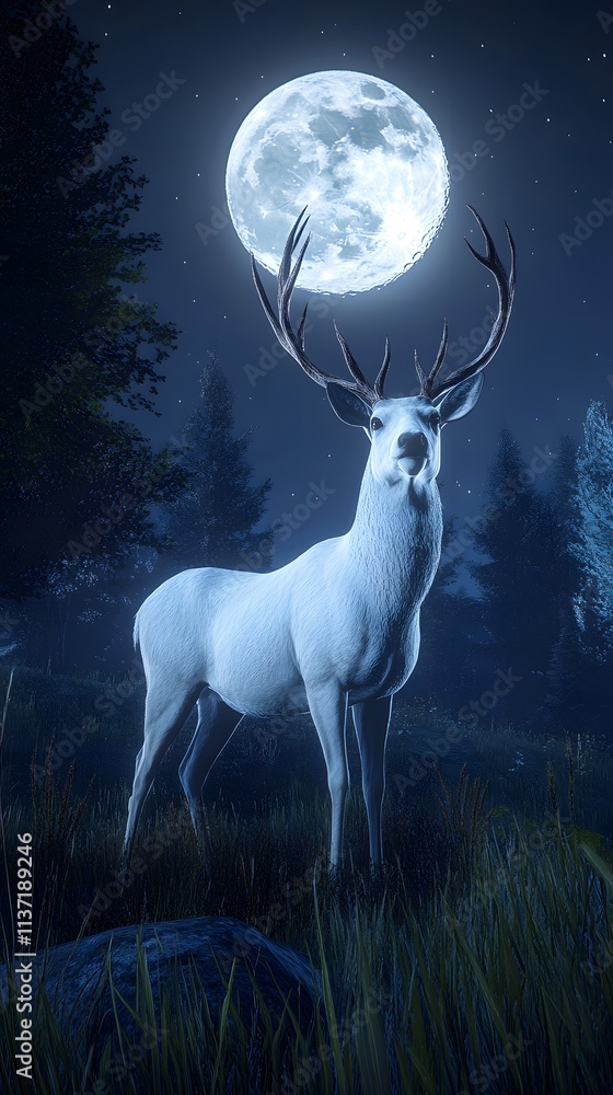 A majestic white deer with perfect antlers, on the mountain and the beautiful view of the full moon at night A majestic white deer with perfect antlers, on the mountain and the beautiful view of the full moon at night