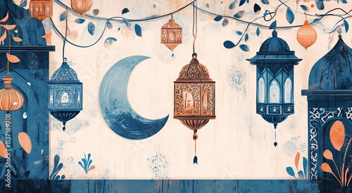 vector illustration of Eid al adha. Grey background with moon ,star, decorated lanterns. and the picture of mosques photo