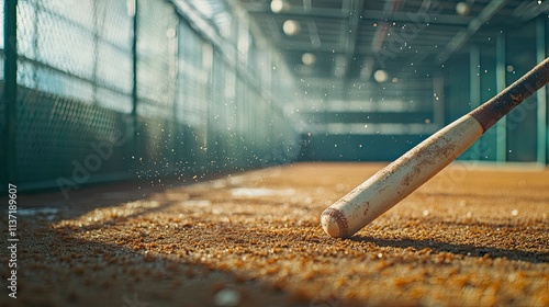 Baseball Bat on Dusty Field, Batting Cage Background