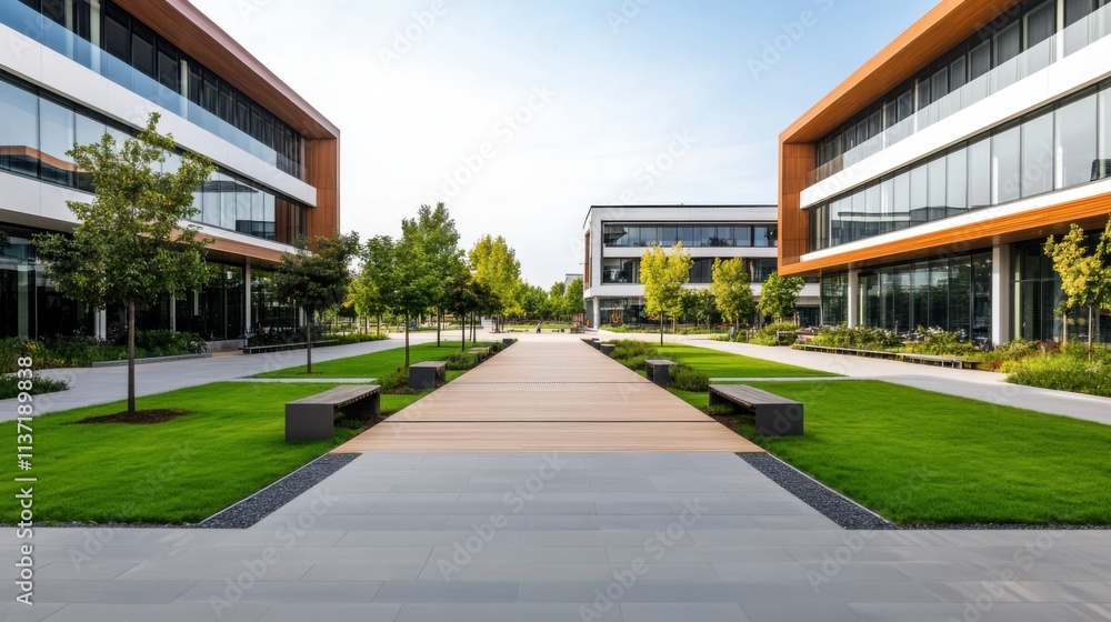 Modern Architectural Complex with Green Spaces and Walkways Surrounded by Trees and Urban Design Elements Modern Architectural Complex with Green Spaces and Walkways Surrounded by Trees and Urban Design Elements
