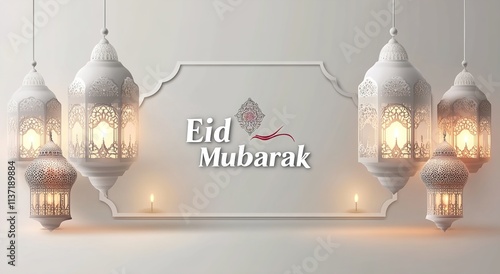 vector illustration of Eid al adha. Grey background with moon ,star, decorated lanterns. and the picture of mosques photo