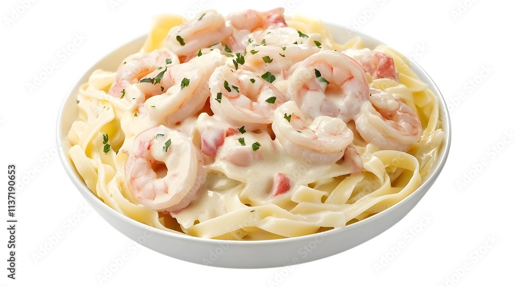 Shrimp Alfredo with fettuccine pasta in creamy sauce, isolated on white background Shrimp Alfredo with fettuccine pasta in creamy sauce, isolated on white background