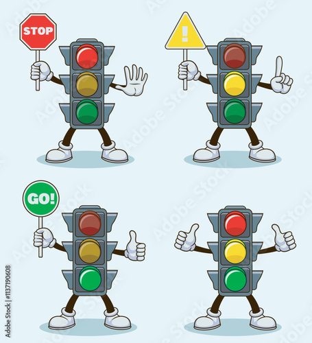traffic light mascot holding road sign. stop slow and go warning. vector character illustration transportation