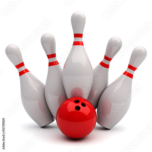 Bowling Ball Striking Pins Isolated on White Background
