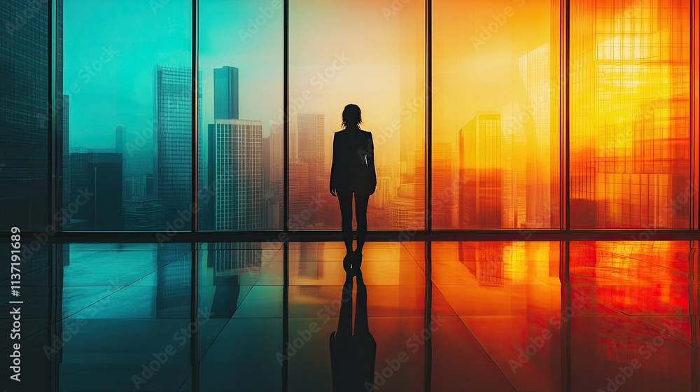 Silhouette of a Businesswoman Contemplating Cityscape at Sunset Silhouette of a Businesswoman Contemplating Cityscape at Sunset