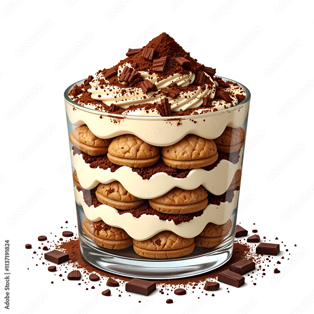 Indulge in a scrumptious layered dessert with cream, cookies, and rich chocolate topping, digital illustration of food photography concept. Indulge in a scrumptious layered dessert with cream, cookies, and rich chocolate topping, digital illustration of food photography concept.