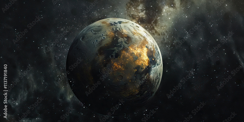 Obraz premium Exoplanet with Gold Accents in Nebula