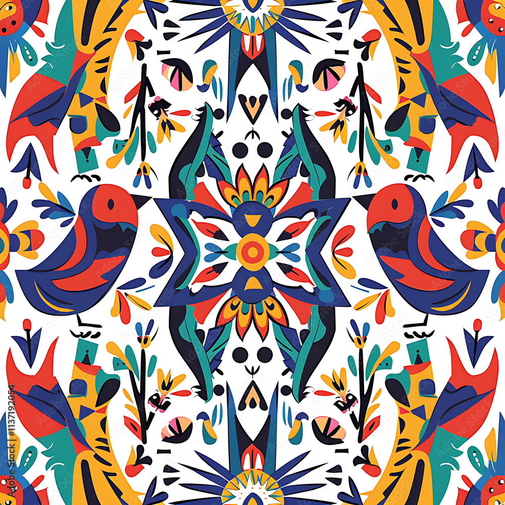 Obraz premium Colorful Abstract Pattern with Birds and Flowers