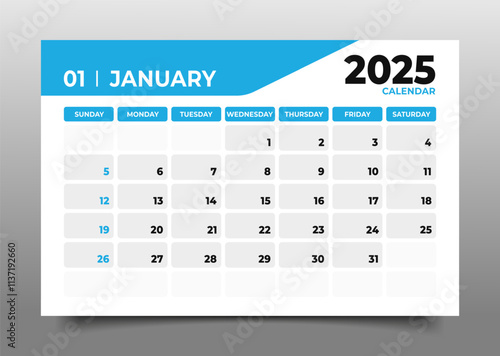 Business Desk Calendar January 2025 in flat style.starting from sunday template in horizontal design