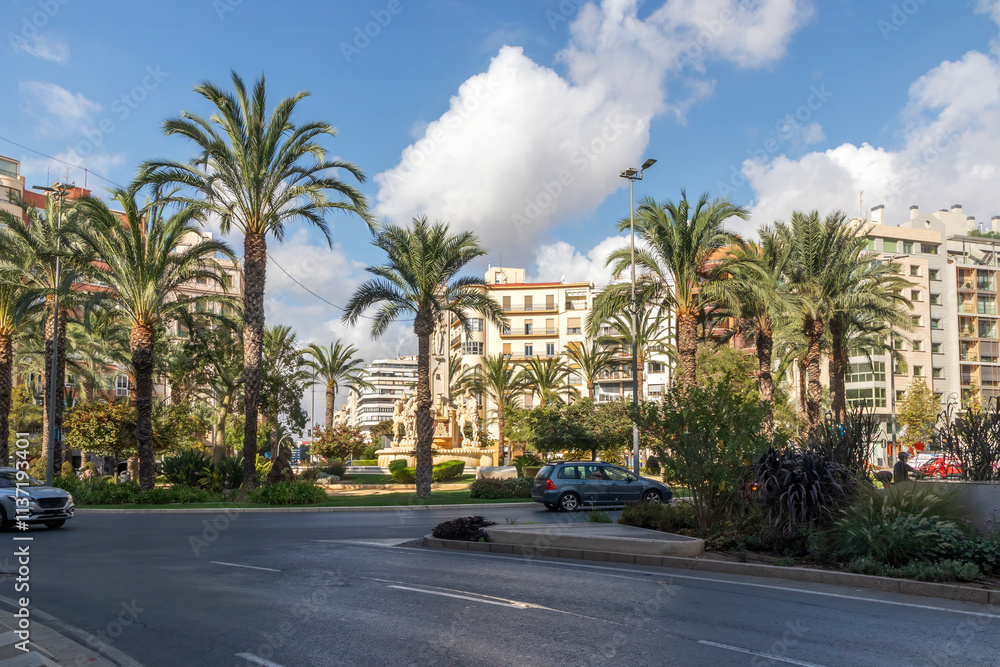 Palm trees around the Luceros roundabout, Alicante, Spain