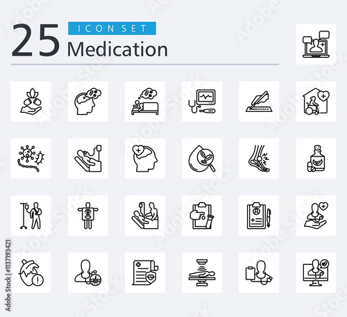 MEDICATION ICON SET OUTLINE STYLE  with therapeutic, telemedicine, alternative medicne, drug addiction, sleep medicine, medical devices, plastic surgery, palliative care and infectious disease