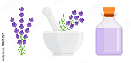 Lavender flower, mortar, pestle, and bottle of essential oil. Natural medicine, homeopathy, aromatherapy, and spa concept. Flat vector illustration isolated on white background