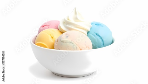 Colorful ice cream scoops with whipped cream in a bowl