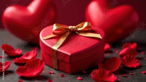 red banner, close-up on the middle red heart shaped gift box with gold ribbon, blurred background, rose petals around, festive