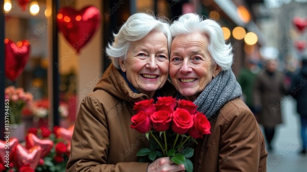 old gray-haired woman smiling happily and holding a bouquet of red roses, hugging an old gray-haired woman on blurred background of a flower shop with heart-shaped red balloons, valentine's day LGBTQ old gray-haired woman smiling happily and holding a bouquet of red roses, hugging an old gray-haired woman on blurred background of a flower shop with heart-shaped red balloons, valentine's day LGBTQ