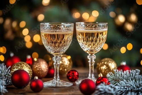 Dos copas de cristal con champan o cava encima de una mesa de madera con decoracion navideña de bolas rojas y ramas de abeto- sobre fondo desenfocado con bokeh brillante dorado photo